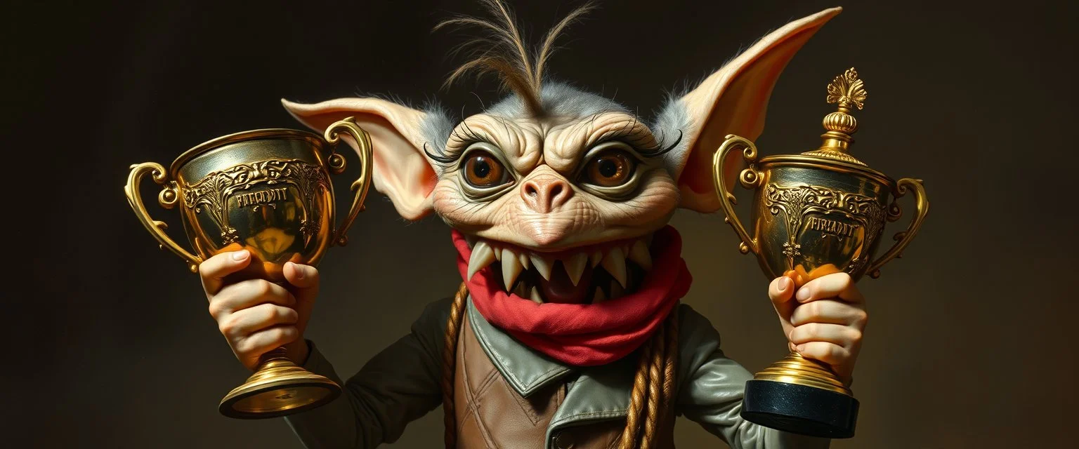 gremlin guy holding up the most retarded trophy, painted by Rembrandt