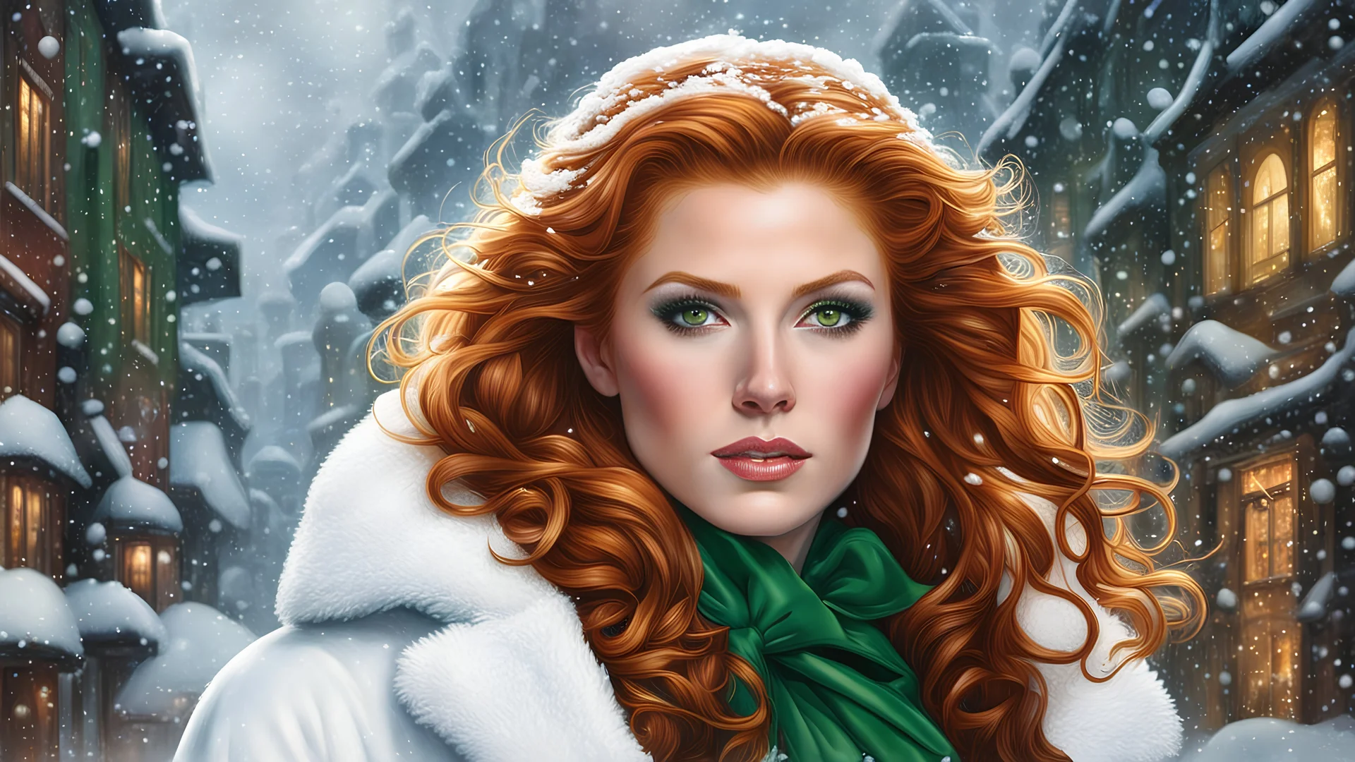 (snowmaiden [Brittany Robertson | Rachelle Lefevre]), white coat, ginger hair, green eyes, snowstorm, (fantasy city) background, art by Todd Schorr