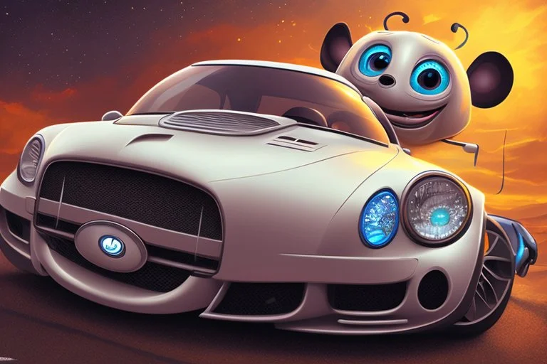 whimsical cartoon car with big eyes and its front grill forming a friendly smile, with a mouse character riding on it.