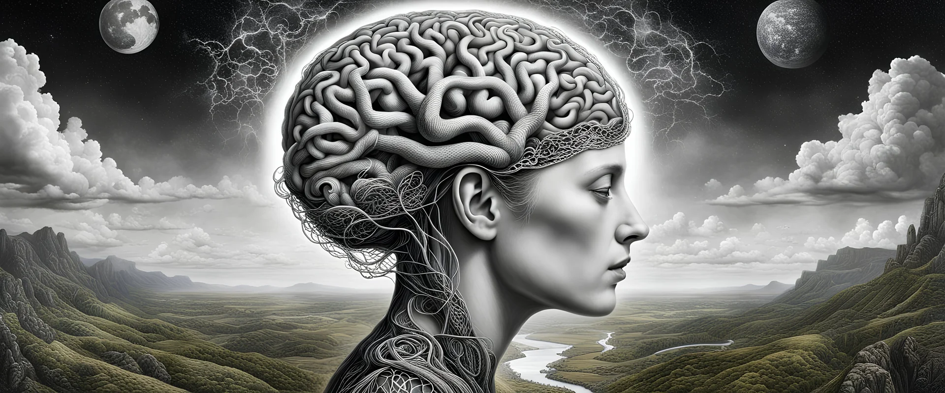 Brain makes the mind absurd ungod, mind makes the person. Concept art, Surrealism, overexaggerated features, beautiful, detailed, landscape, vibrant, whimsical, ethereal, Tim burton, entangled, infinity, cosmic, colorful,hyperrealism, renaissance painting, , metaphysical, laurie lipton, anthropomorphic character