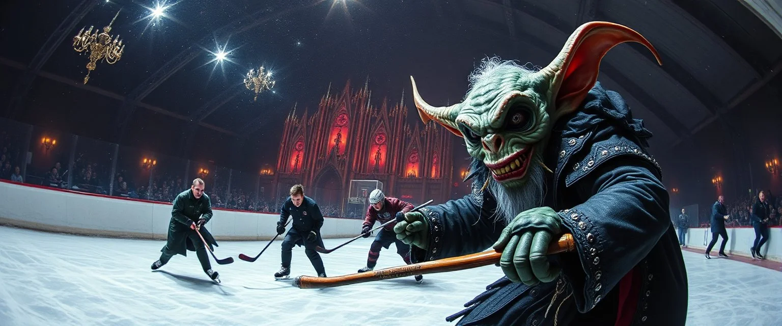 pin hole cam, master oil painting by Rembrandt, d&d glam rock and glitter vampire gremlin illithid and lich playing hockey in ice skating hall or church