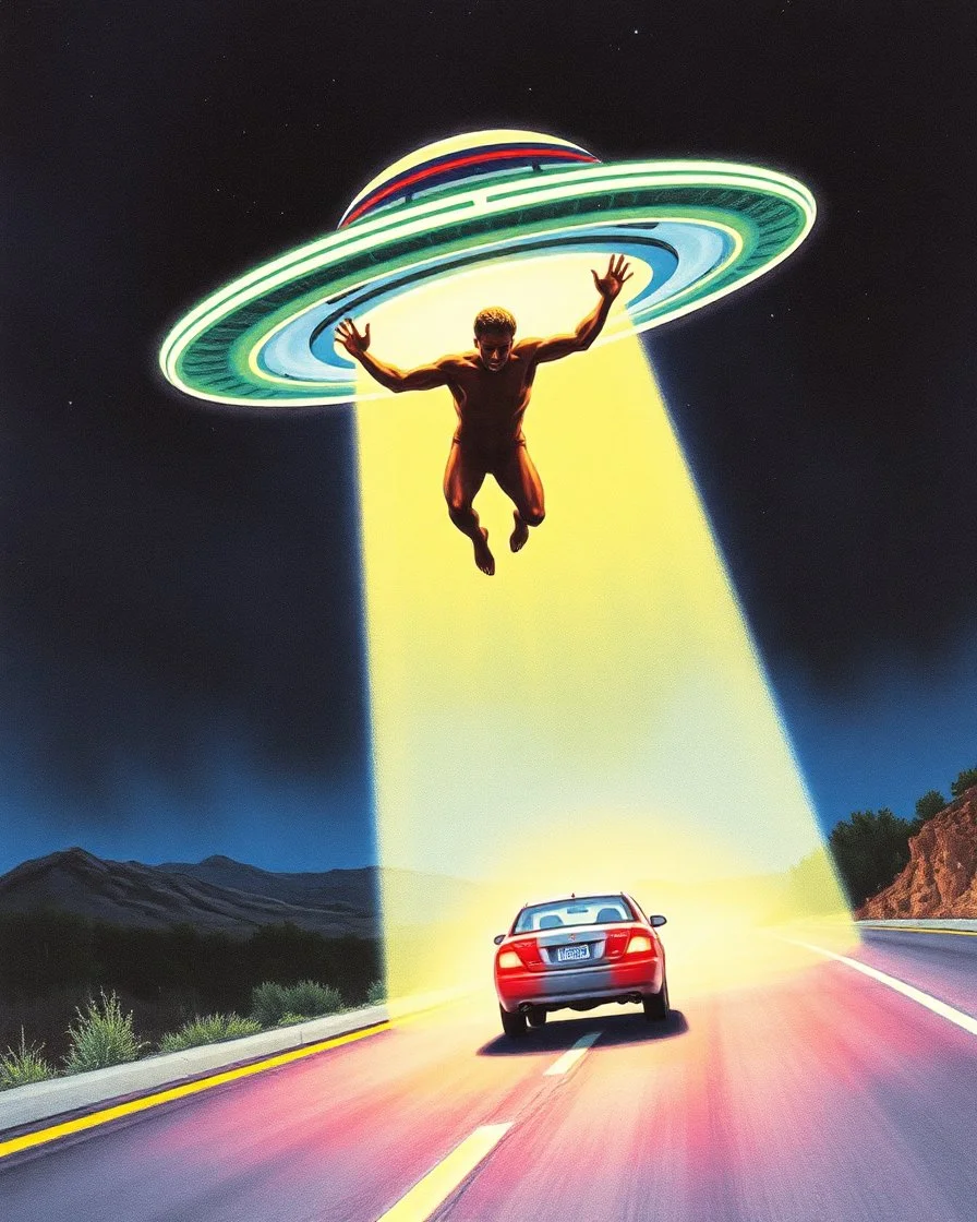 1990s magic card art, of limp man flying in the beam of light of a flying saucer, car underneath, night time, New Mexico highway --ar 3:4 --v 6.1
