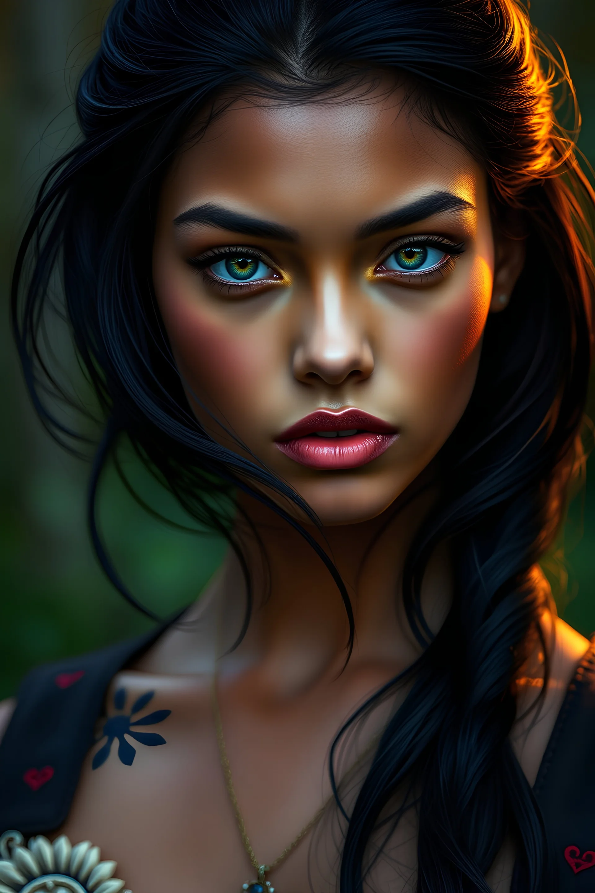 Portrait of a young woman, light brown skin, green eyes, black hair, arcane style