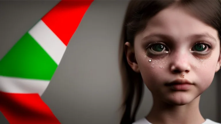 A girl wearing a Palestinian dress with tears in her eyes Her eye color is green Its color is brown Carrying the Palestinian flag