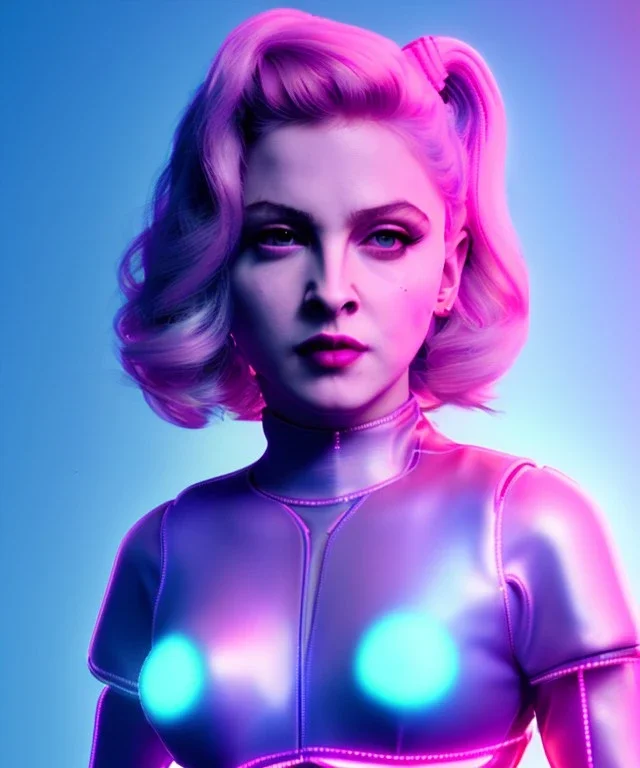 Artist, young madonna, android woman, sweet, blonde, white skin, long eyeliner, contour make-up, color leds lights, cables, short hair, circuits, cyberpunk, latex coat, cyber punk, neon, portrait, studio photo, unreal engine 5, soft color, 16 bit, god lights, ray tracing, RTX, lumen lighting, ultra deatail, volumetric lighting, 3d, finely drawn, hd.