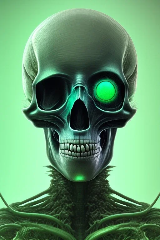 green alien, head, evil, black eyes, weapons, blood, 8k, finely detailed, photo realistic, HR Giger style turquoise skull head red Mohak alien moon skeleton