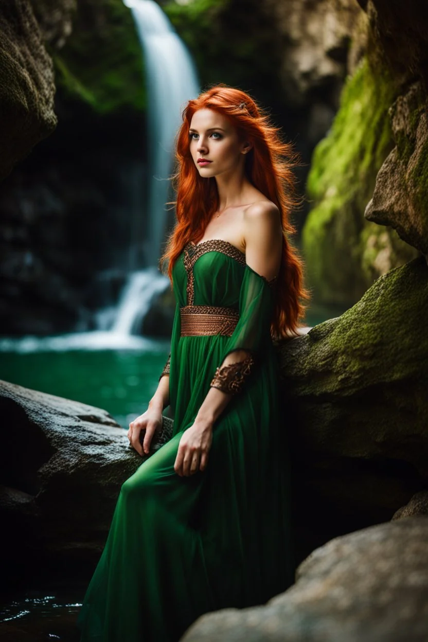 Close UP, delicate, cute, soft, skinny belly red haired Young lady, Green eyes , cave waterfall, medieval