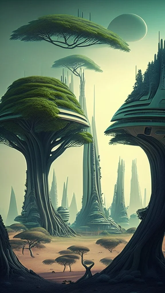 alien landscape with trees and buildings