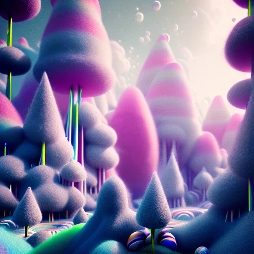 a psychedelic realm with rolling plains made out of milk,trees look like lollies, mountains made out of Dark Chocolate, and Clouds made out of cotton candy, in the style of wlop and namek, illustration, epic, fantasy, hyper detailed, smooth, unreal engine, sharp focus, ray tracing