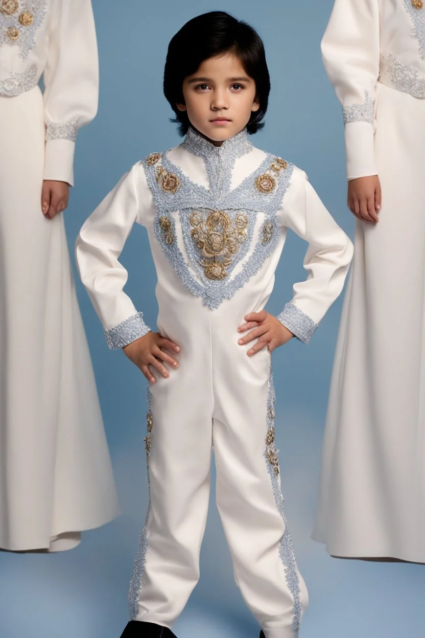 10-year-old Elvis Presley, with black hair and sideburns, is posing for his school picture in a white jumpsuit with a high collar and embroidery designs - Sparkling, Sky blue Background, professional quality studio 8x10 UHD Digital photograph by Scott Kendall - multicolored spotlight, Photorealistic, realistic stock photo, Professional quality Photograph. colored Fog