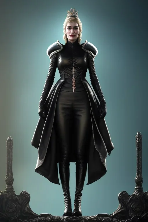 Cersei Lannister as evil queen in black leather coat, busty, cleavage, voluptuous, lena headay, angry, stern look. character design by cory loftis, fenghua zhong, ryohei hase, ismail inceoglu and ruan jia. unreal engine 5, artistic lighting, highly detailed, photorealistic, fantasy