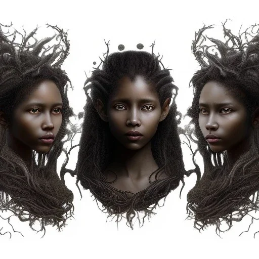 Painting .three women. A mother. Two daughter. Twins. A mother with her children. three young black women. wood nymphs emerging from the forest. Her hair looks like vines. Dreadlocs. Her skin is the colour of dark soil. Her skin looks like tree bark. Her clothing is made of vines, grass and leaves.