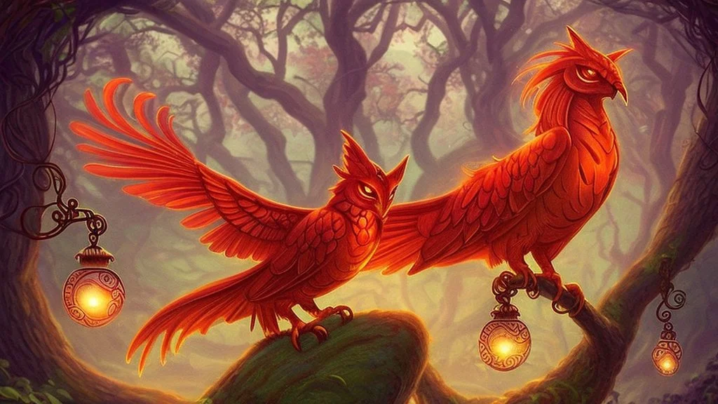 Slavic mythology enchanting garden with lush greenery and beautiful stone winding paths with small lanterns in the trees. It's twilight. Depict only one creature: the Firebird. The body of the Firebird is adorned with feathers of vibrant red, orange, and gold, each one glowing with an otherworldly brilliance.