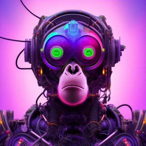 A beautiful portrait of a cyborg monkey purple neon color scheme, high key lighting, volumetric light high details psychedelic background