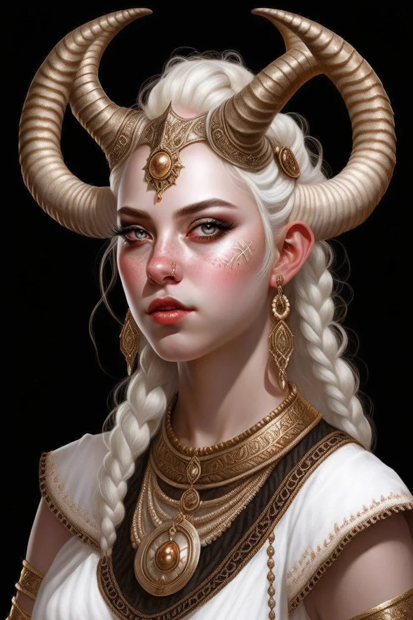 A young tiefling woman with a set of ram horns on her head encrusted with jewels, White-Blonde hair, black eyes, no pupils, dressed in white and gold with lots of jewelry