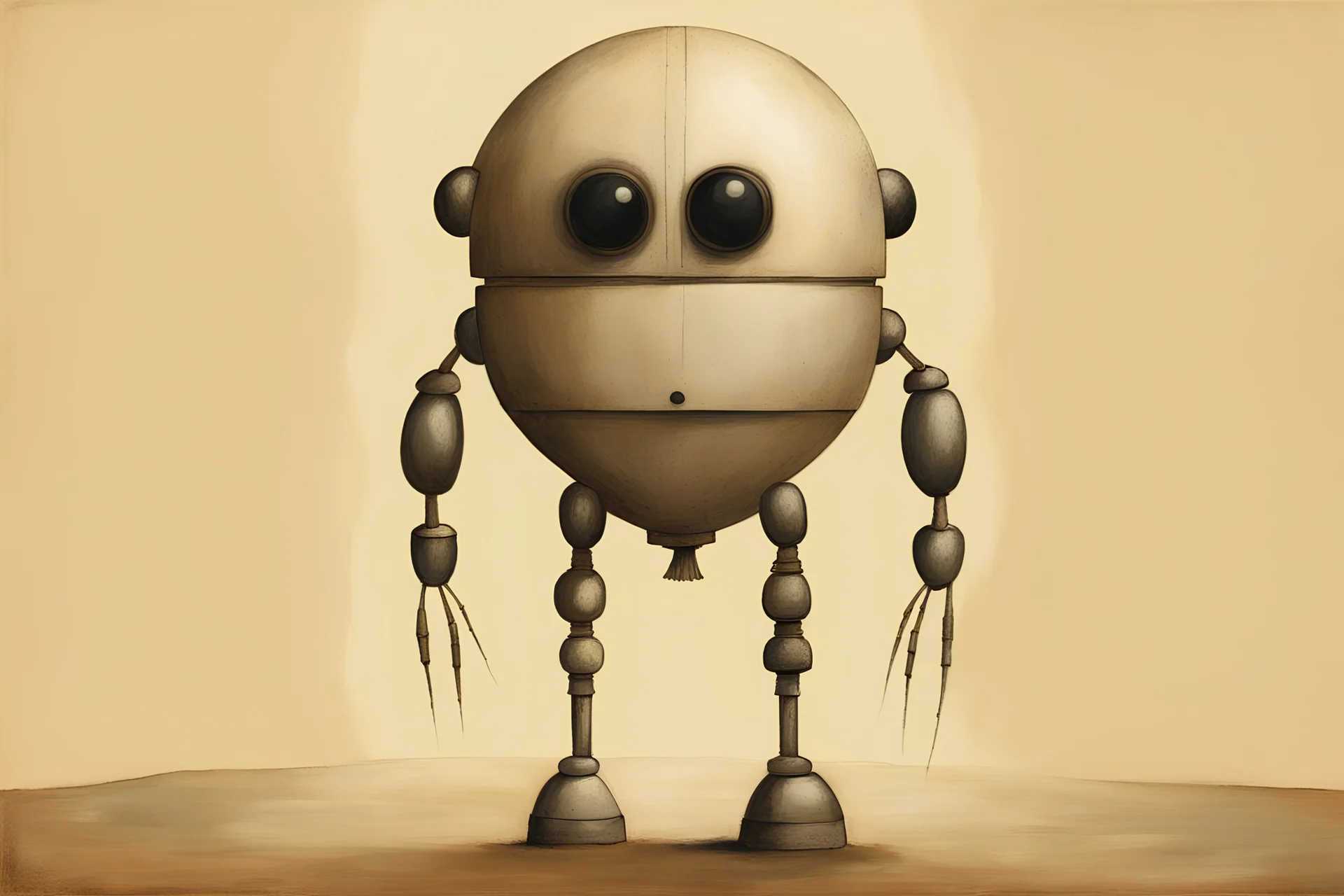 robot, white metal, dome-shaped head, low-placed round black robot eyes, short wide stature, wearing an old brown robe, jon klassen and willem maris painting