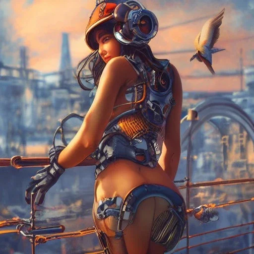 great illustrator, spanish, realistic rendering of a spanish cute girl, beautiful, steampunk style. Helmet with tubes. Machinery in the background. robotic bird flying. High details. 4k. unreal engine, sunset