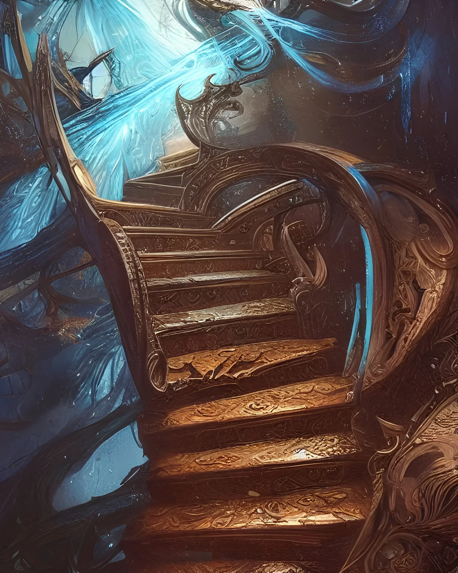 Stairs of broken time, ebony cerulean cinnamon and ochre, intricately detailed, fantasy, airy, hyperdetailed, wet brush, wet canvas, stunning splash art by Ross Tran, Muyang Xu, and Guodong Zhao