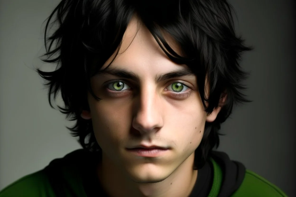 a young male with messy black hair and green eyes