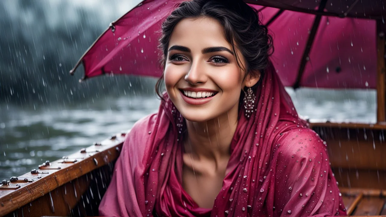 Hyper Realistic detailed Photographic-Close-view of a happy smiling young beautiful Pashto woman happily-enjoying-in rain with rain droplets on her beautiful face & wet hair, wearing-pink-frock-maroon-ribbon-&-black-shawl sitting in a beautiful-wooden-boat at rainy-night with dark-clouds with a lantern-beside-her showing dramatic & cinematic ambiance.