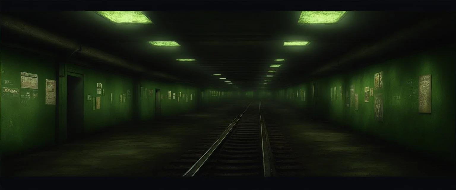 Inside the old subway tracks, . Low light and closed green moss walls. Like the original design of the game space ,digital art.landscape,far camera old painting,2 Chen and George Hopper, Rembrandt lighting, a dark green color scheme, ethereal light. --ar 13:16 --v 6. 0 metro game