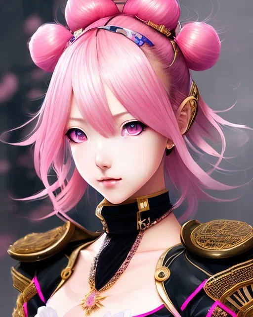 Detailed cute anime Kunoichi girl, pink hair buns, pink bangs, black latex bodysuit, intricate details, full body portrait, keep head in frame, slight smile, black Japanese motif, concept art, highly detailed, digital painting, concept art, sharp focus, illustration, art by Yoji Shinkawa, WLOP and greg rutkowski and alphonse mucha and artgerm and yanjun Chen and Junji ito and Makoto Shinkai, HDR, octane render