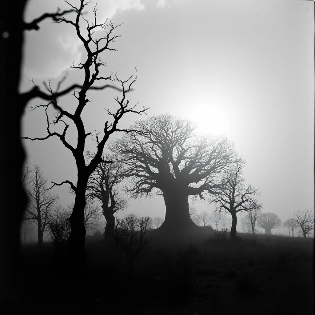 Close-up Ilford photograph of a creepy surreal landscape, eerie, Minicavio Quollati style, very surreal, trees, spooky, metaphysical objects, giant sun, intricate, thoughtful, appalling, deep 3d field, hypermaximalist