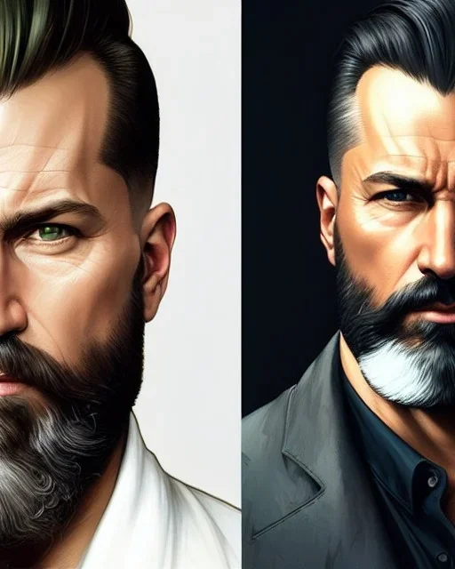 "MIddle aged white human male, with a trimmed but uneven beard, piercing green eyes with slick back hair, full-scale head and shoulders portrait, 8k resolution concept art portrait by Greg Rutkowski, Artgerm, WLOP, Alphonse Mucha dynamic lighting hyperdetailed intricately detailed Splash art trending on Artstation triadic colors Unreal Engine 5 volumetric lighting Splash art fantasy"