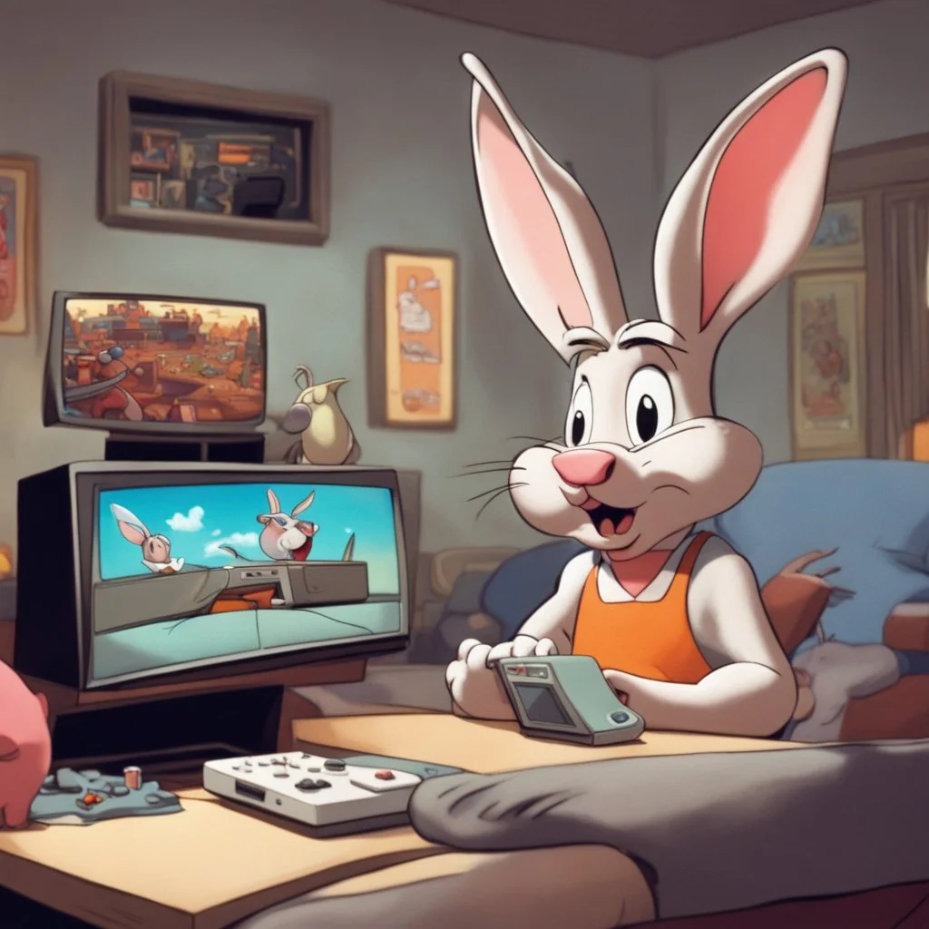 bugs bunny watching a tv about a video game with a pig doing music