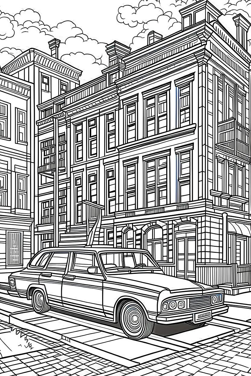 A Coloring book page, black and white, new york classic standard Townhouse, classic new york city taxi, busy street. The outlines should be simple and suitable for younger colorists, photo real