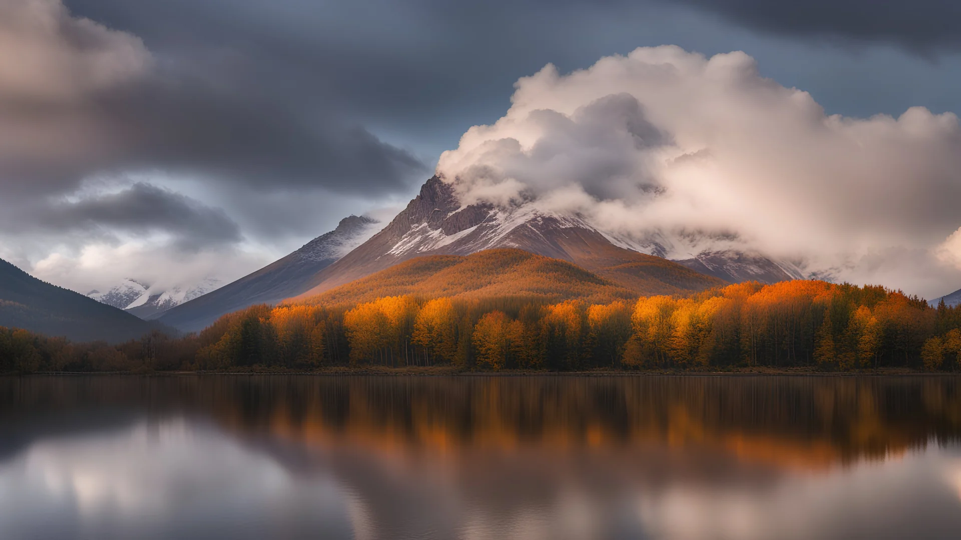 Big autumn clouds were moving around the mountain As dusk approaches, big clouds spread over the lake, but the majestic mountain is clearly visible.