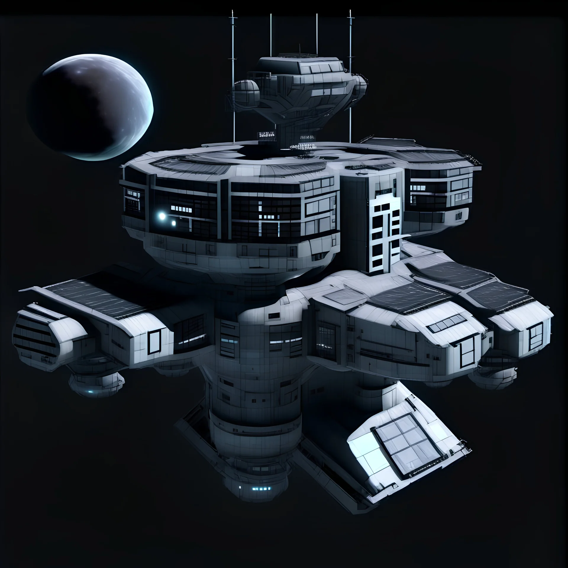 digital art of a realistic grey space station, viewn from a distance, black background