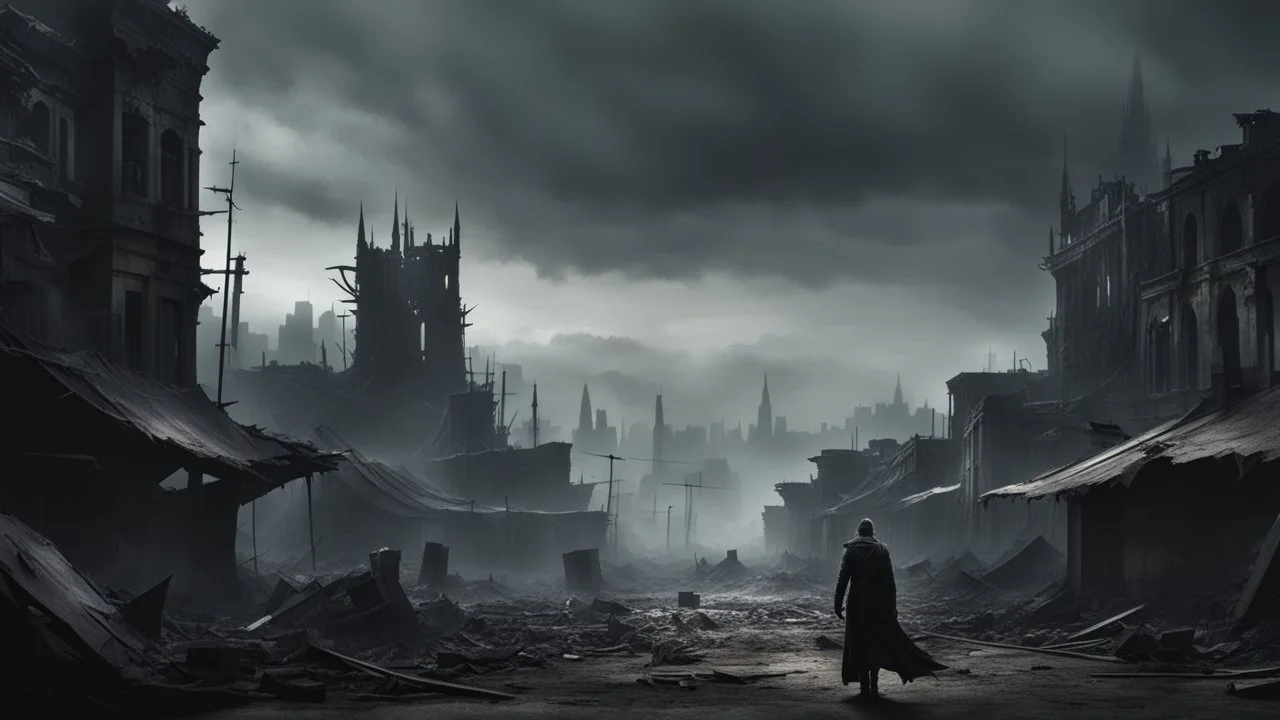 an apocalyptic flat landscape covered in dark gray dust. destroyed city in the distance. zombie dragons. dark grey mist. seen from the ground. fantasy, horror. no trees