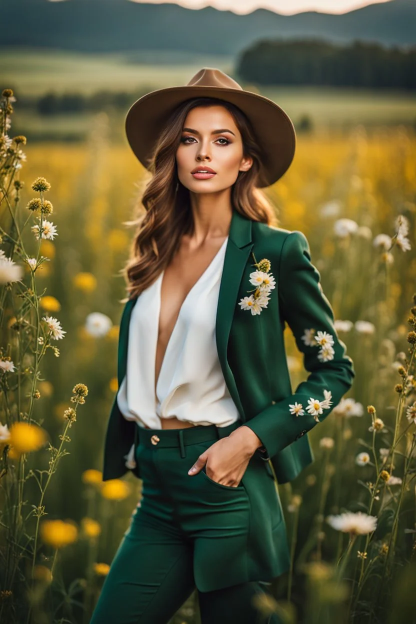 fullbody close up shot of young-beautiful-girl-with-a-perfect-face wearing pants and thight blouse and jacket, country side green field flowers day lights