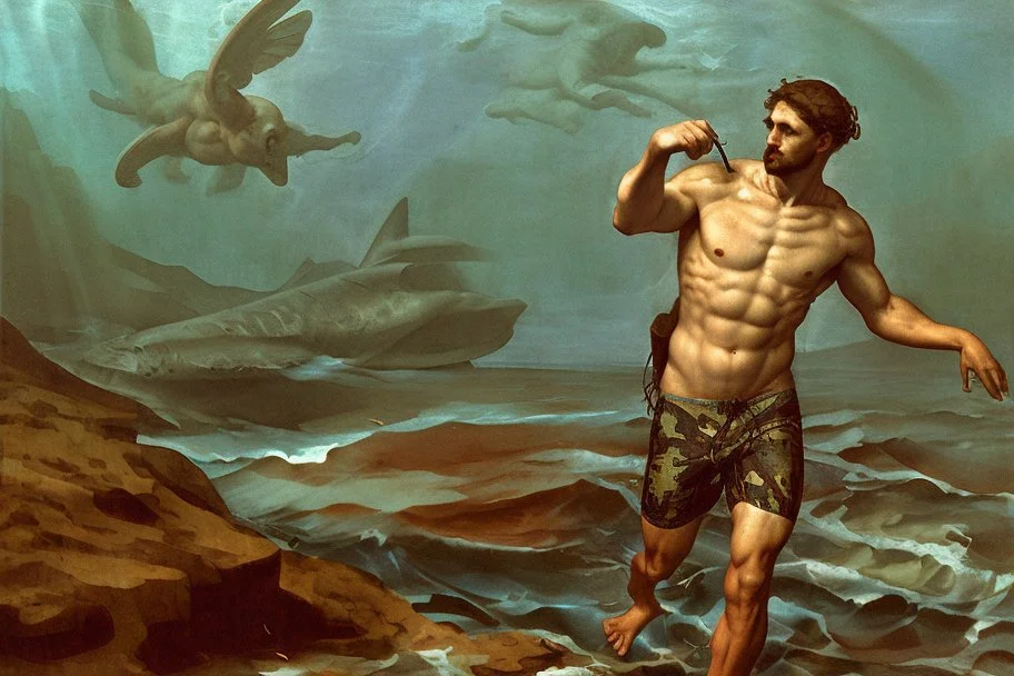 man in camo swim in deep water by andrea del sarto