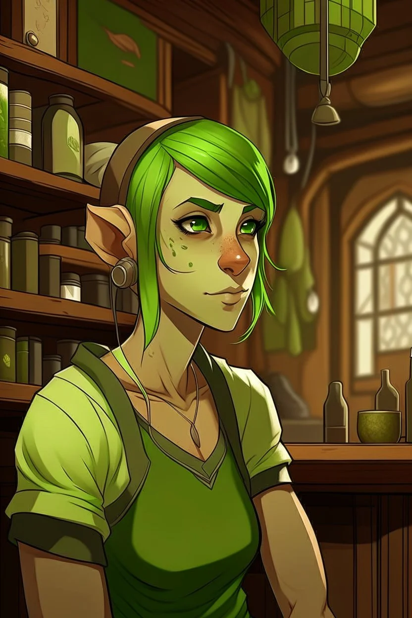 strong tomboy young woman who works at a tavern with pointy ears and green skin