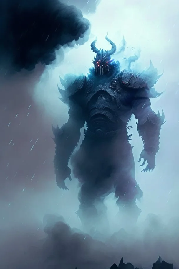 fog and smoke in a shape of a monsterous humanoid and a colour of a storm wearing a scalemail armor