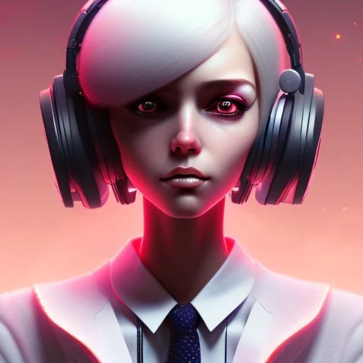 cyborg girl with big eyes white hair with headphones art by Ilya Kuvshinov