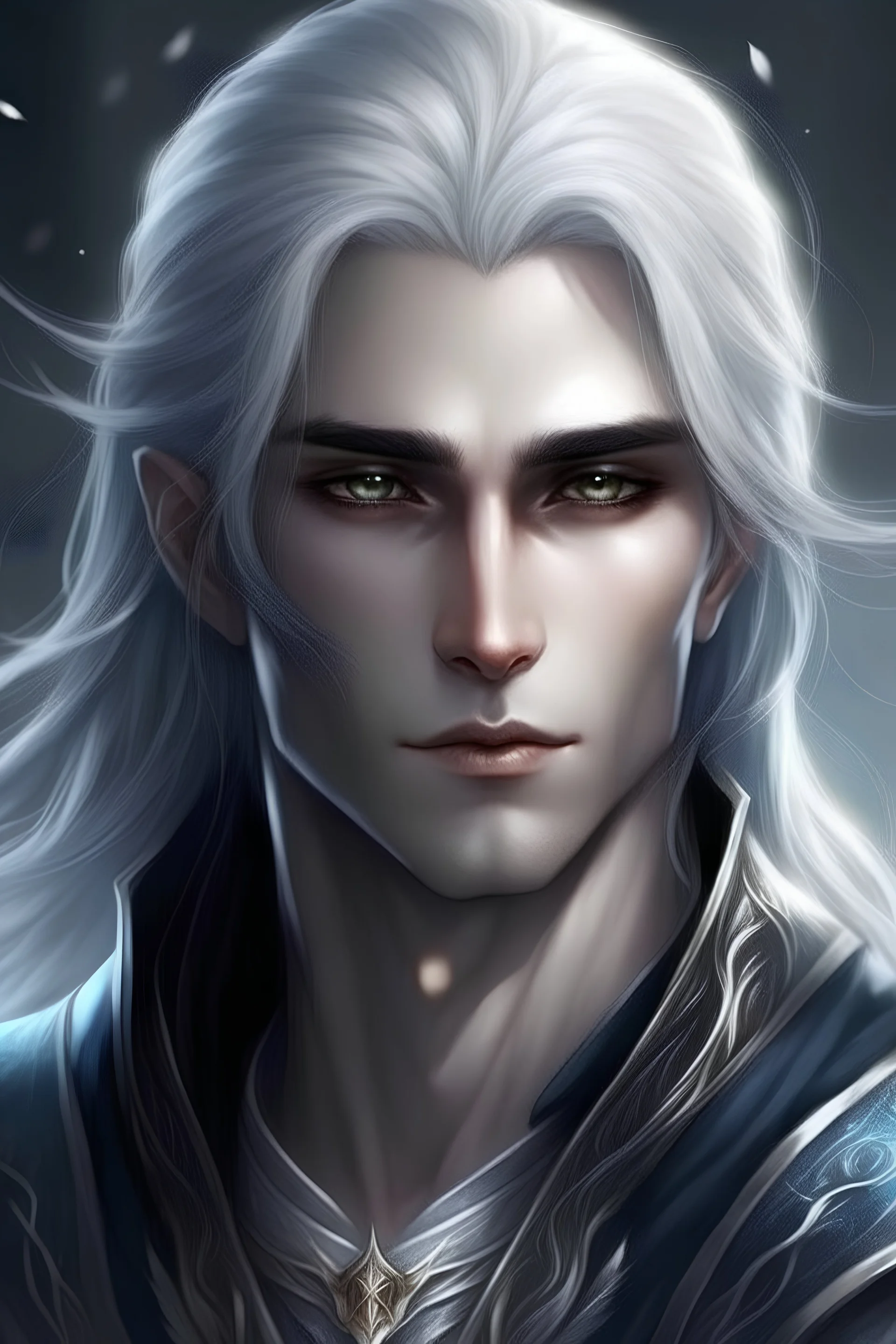 Ethereal Handsome silver haired moon elf man beautiful blue eyes