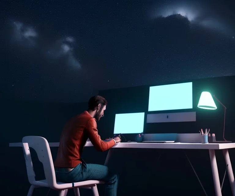 man coding in his computer in a dark room with walls, sky stars