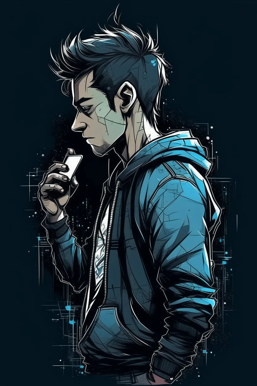 man, profile, cyberpunk, holding a cellphone, comic book art style, geek, engineer, t-shirt, jeans, drug addict, hoodie,