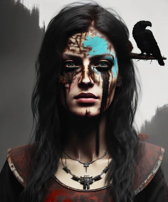 an abstract painting of rusted wood and ravens, Viking style, 8K, a Highly detailed stunning portrait of a woman, a realistic face