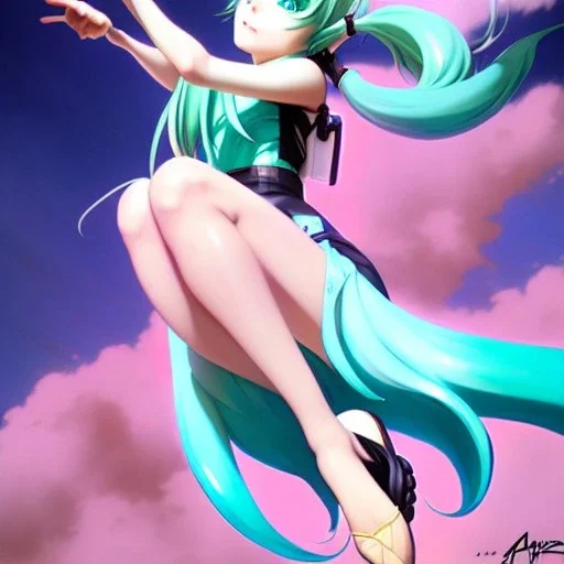 Anime art of beautiful Hatsune miku with beautifel legs by artgerm, ross tran, magali villeneuve, Greg Rutkowski, Gil Elvgren, Alberto Vargas, Earl Moran,, Art Frahm, Enoch Bolles