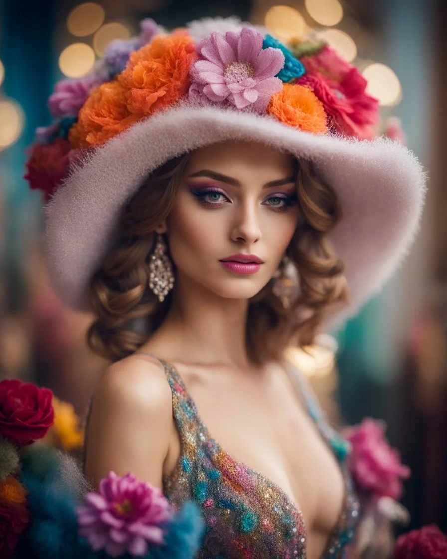 supermodel beauty make up, adorned hat with colorful flowers ,luxurious dress colorfull bohemian, background floristry, diamond dust, fluff, bokeh, filigree, ornate,photography, high resolution, high details,photoshoot shoot Lensbaby Velvet 56mm, f1.6, Sony A7IV