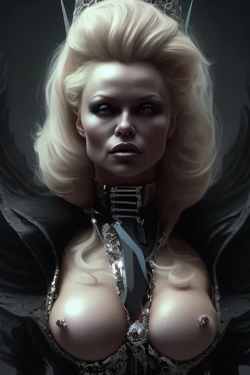 Pamela Anderson as evil queen in black leather, leather, busty, cleavage, angry, stern look. character design by cory loftis, fenghua zhong, ryohei hase, ismail inceoglu and ruan jia. unreal engine 5, artistic lighting, highly detailed, photorealistic, fantasy