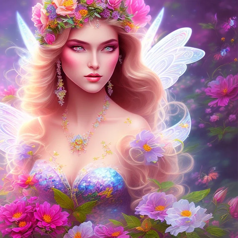 bright fairy, beautiful portrait, flowery landscape