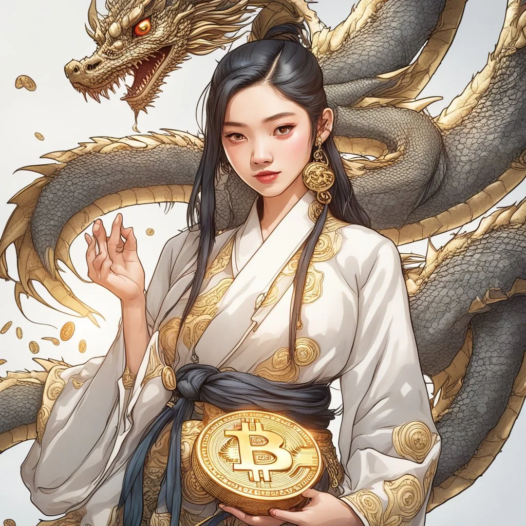 Bitcoin cryptocurrency in the hands of a traditional chinese girl, dragon