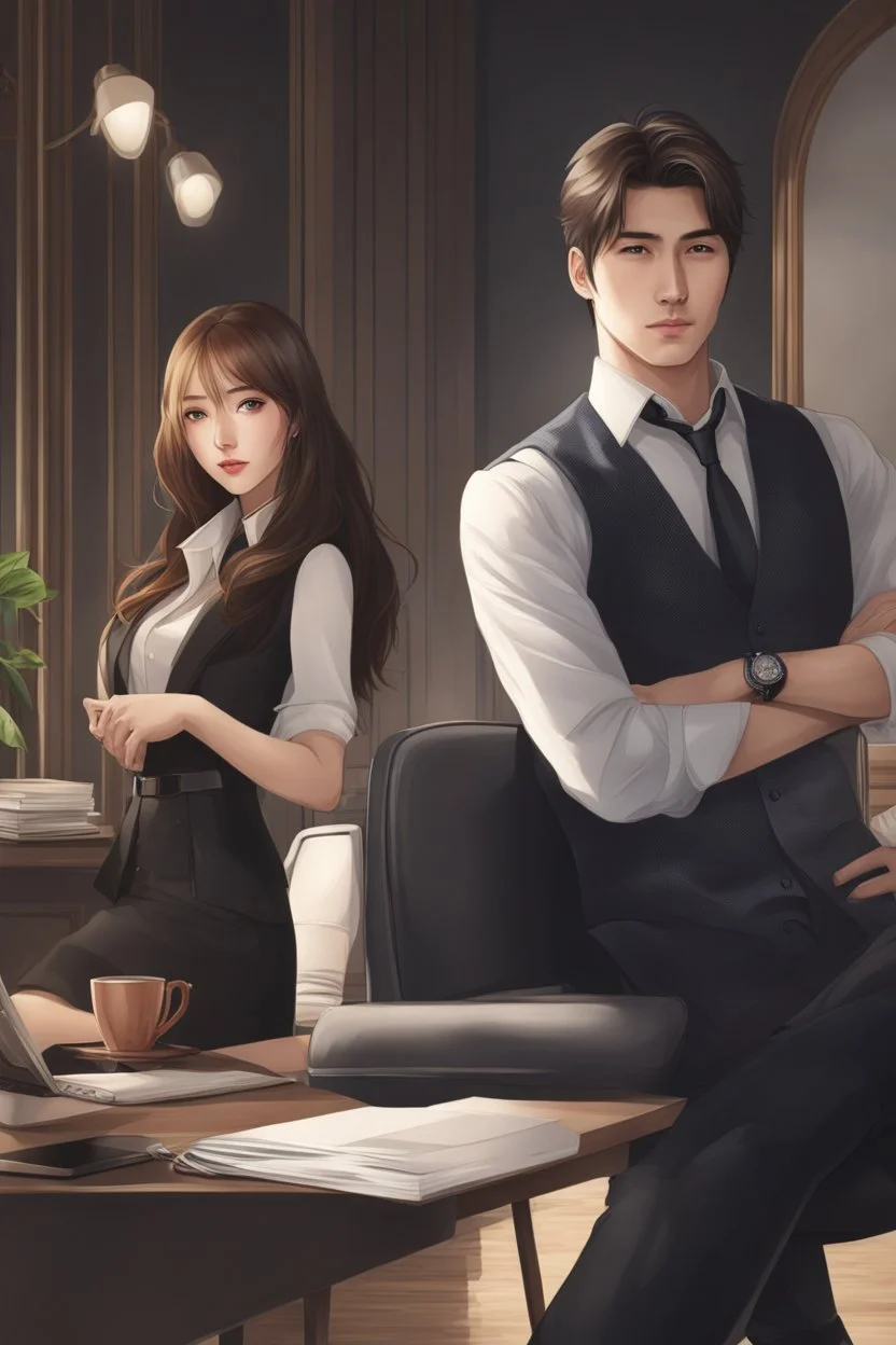 create a wattpad cover of a handsome boss and a beautiful secretary, hd, ultra realistic, aesthetic, manhwa style, the handsome boss sitting on the chair with table and besides the beautiful secretary