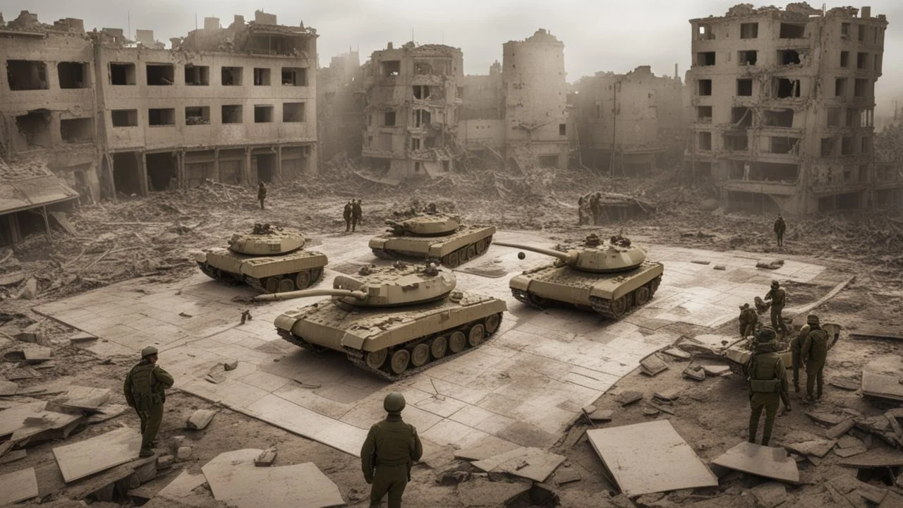 Israeli soldiers and tanks stand on a very large chessboard in the middle of a destroyed city