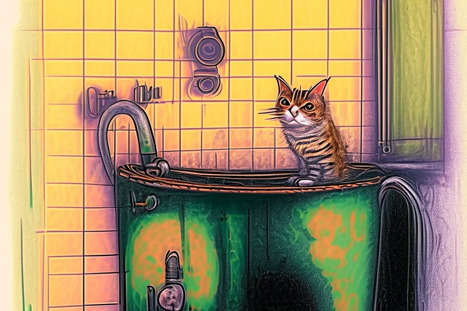 Cat on the boiler in the bathroom, watercolor and ink